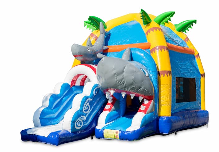 Compre castelo insuflável interior verde amarelo maxifun no tema super tubarão para crianças. Encomende castelos insufláveis online na JB Insufláveis Portugal