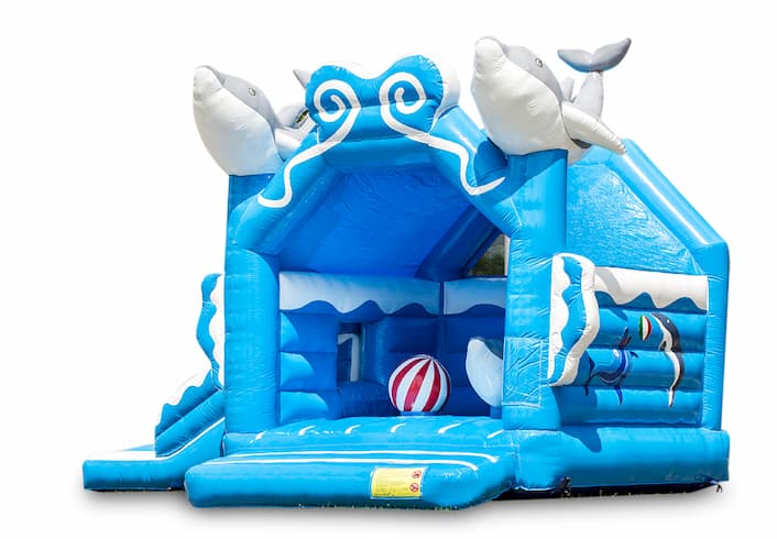 Buy inflatable covered blue multifun bounce house with slide in the theme dolphin for children. Order bounce houses online at JB Inflatables UK