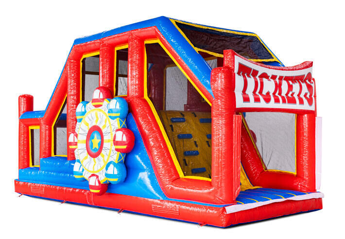 Red blue yellow inflatable obstacle course modules Base Jump