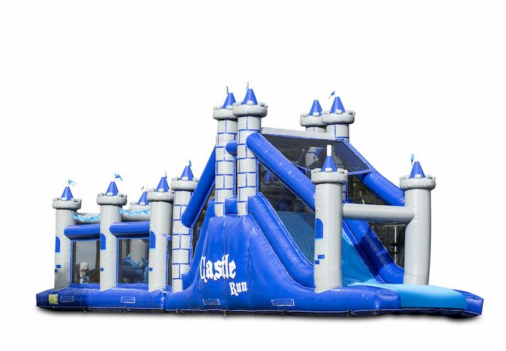Pista de obstáculo único com tema de castelo com 7 elementos de jogo e objetos coloridos para comprar para as crianças. Ordene pistas de obstáculos infláveis ​​agora online em JB Insuflaveis Portugal