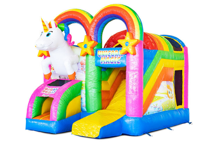 Compre Mini insuflável coberto insuflável Multiplay com escorrega no tema Unicórnio para crianças. Encomende agora castelos insufláveis ​​na JB Insuflaveis Portugal