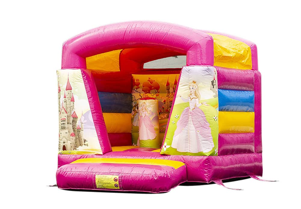 Compre um pequeno castelo insuflável rosa com tema princesa com telhado para crianças. Disponível em JB Insufláveis ​​Portugal online