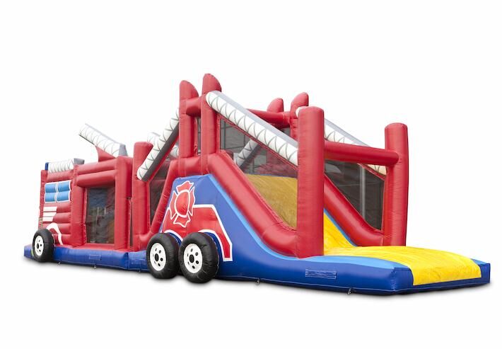 Koop een unieke 17 meter brede stormbaan in thema brandweer met 7 spelelementen en kleurrijke objecten voor kids. Bestel opblaasbare stormbanen nu online bij JB Inflatables Nederland