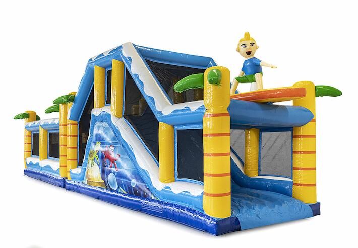 Opblaasbare modulaire stormbaan in surf thema met passende 3D objecten bestellen voor kinderen. Koop opblaasbare stormbanen nu online bij JB Inflatables Nederland