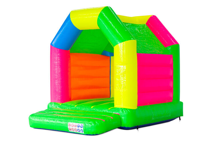 Midi bouncy castle in fluorescent colours with a roof – a compact inflatable attraction. Order now from JB-Inflatables.