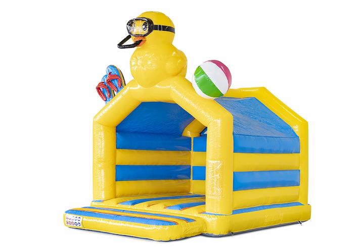 Opblaasbaar springkussen blauw geel in eend thema te koop voor kinderen