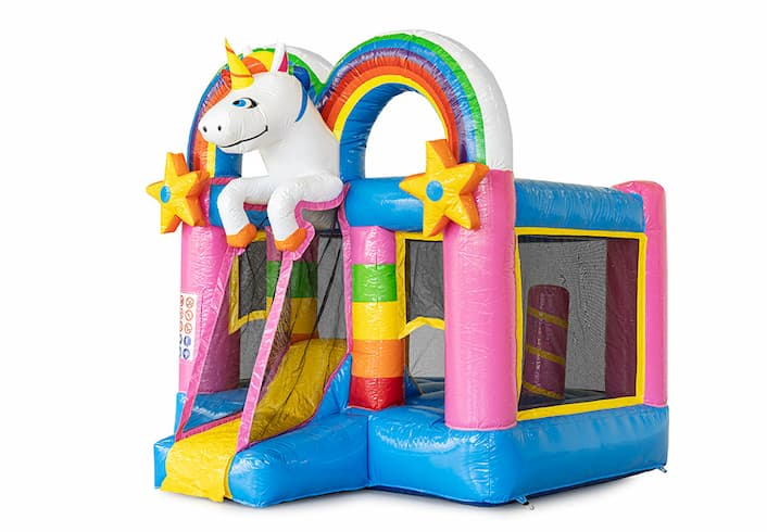 Bestel mini opblaasbare springkussen met glijbaan in unicorn thema voor kinderen. Koop opblaasbare springkussens online bij JB Inflatables Nederland