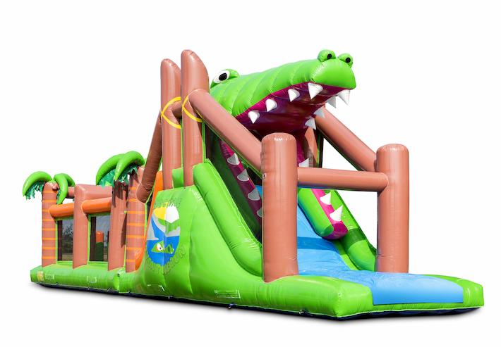 Pista de obstáculo inflável com tema de crocodilo exclusivo com 7 elementos de jogo e objetos coloridos para comprar para crianças. Ordene pistas de obstáculos infláveis agora online em JB Insuflaveis Portugal