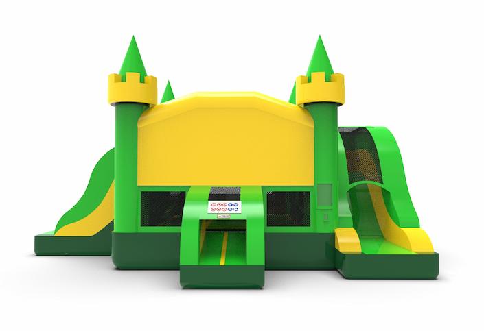 Inflatable unique slide park combo 13ft bounce house with two slides in colors green and yellow for both young and old. Order inflatable bounce houses online at JB Inflatables America