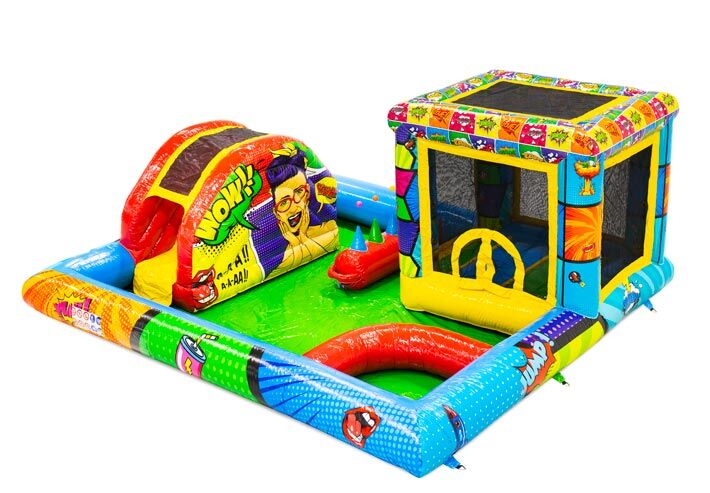Parque de diversões Kidspark com piscina de bolas, piscina infantil, castelo insuflável no tema de banda desenhada