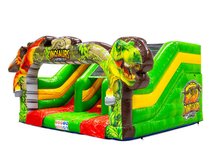 Midi Slide Jurassic springkussen met realistisch dinosaurus thema en glijbaan, te bestellen bij JB Inflatables