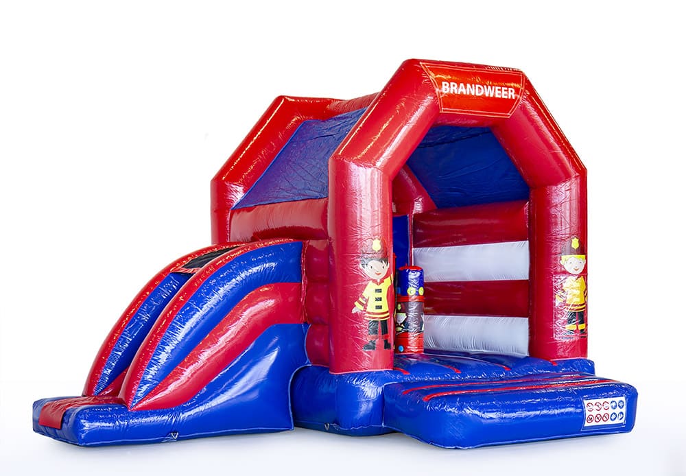 Midi overdekt multifun springkussen met glijbaan kopen in brandweer thema voor kinderen. Bestel springkussens online bij JB Inflatables Nederland
