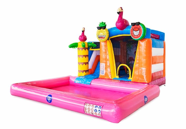 Bestel opblaasbaar mini splash bounce springkasteel in flamingo thema met of zonder bad voor kids. Koop springkastelen online bij JB Inflatables Nederland 