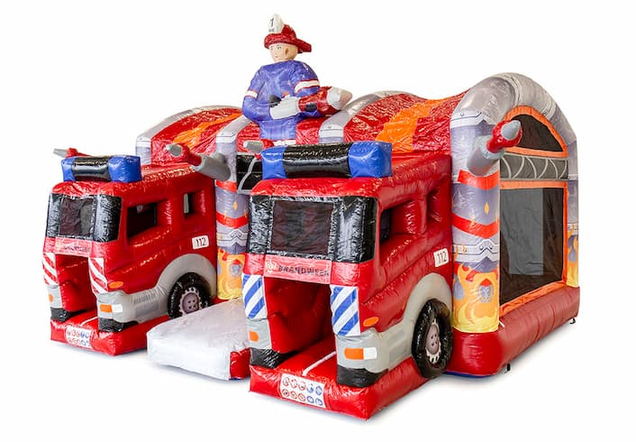 Buy a large indoor inflatable multiplay bouncy castle with slide in the theme of the fire brigade for children. Order bouncy castles online at JB Inflatables UK