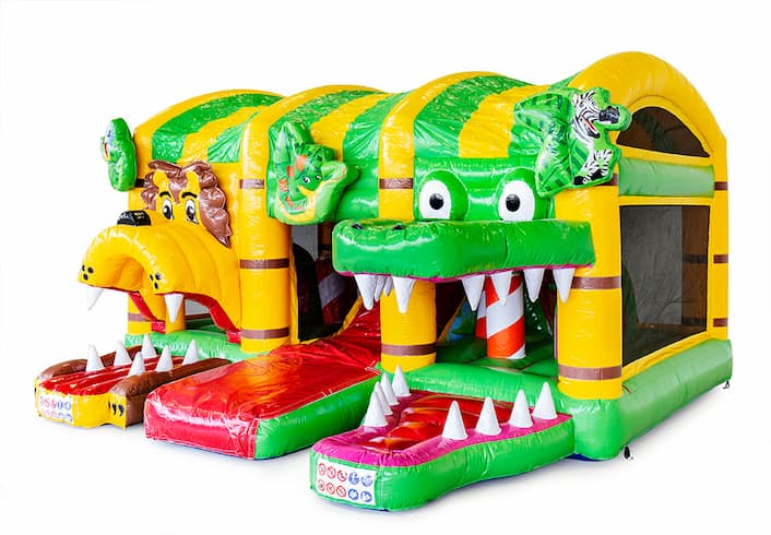 Overdekt opblaasbaar luchtkussen met glijbaan kopen in thema jungle world voor kinderen. Bestel luchtkussens online bij JB Inflatables Nederland