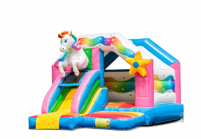 Compre castillo hinchable de interior slide combo con tobogán en unicorn temático para niños. Ordene castillos hinchables en línea en JB Hinchables España