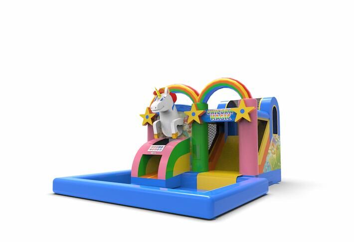 springkussen met water en glijbaan unicorn thema te koop