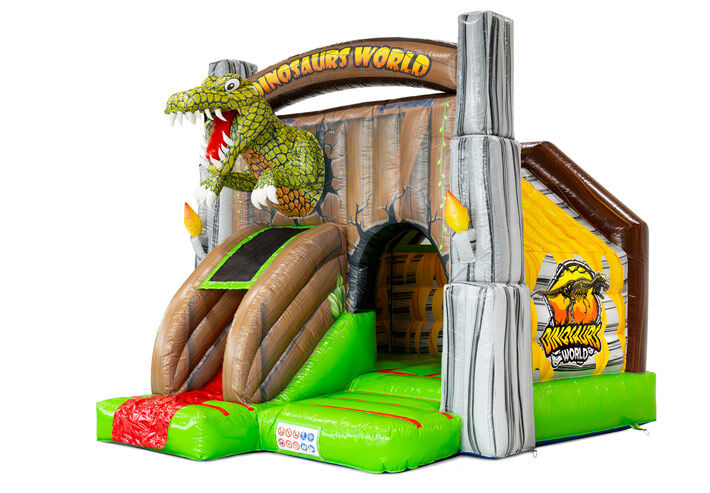 Château gonflable Dinosaurs World avec des obstacles et des possibilités de jeu pour les jeunes enfants.