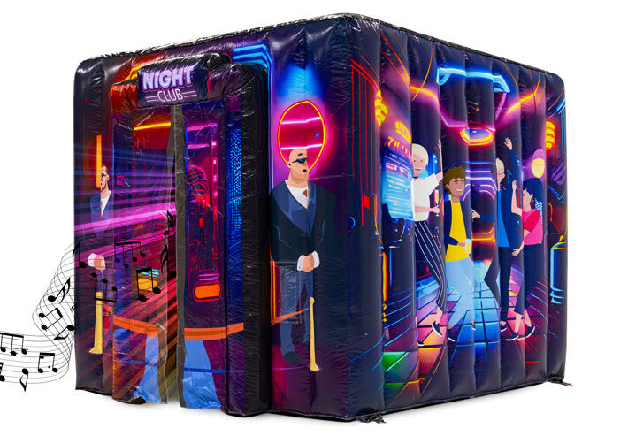 Bunte Zelt mit Disco-Thema, ausgestattet mit Discokugeln und Musik im Inneren