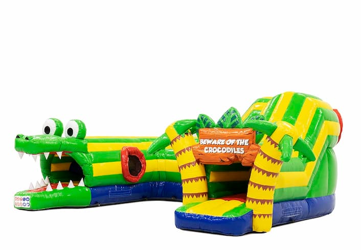 Acquistare un gioco gonfiabile tunnel per bambini con ostacoli e scivolo, tema coccodrillo.