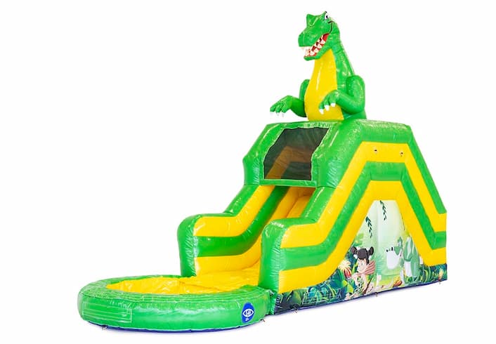 Springkussen met waterglijbaan kopen voor in tuin in thema dino voor kinderen. Bestel springkussens online bij JB Inflatables Nederland
