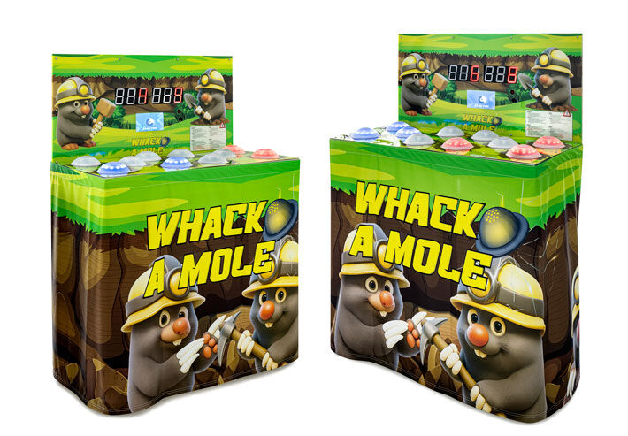 IPS Solid Whack a Mole game cabinet with illuminated spots and scoreboard, now available to order from JB Inflatables