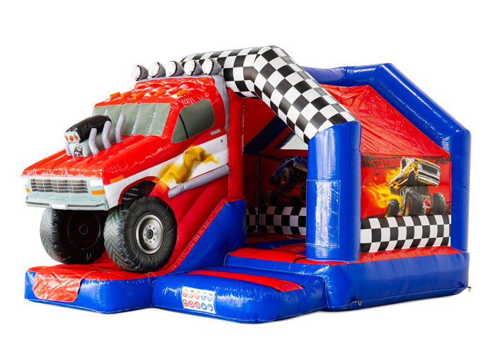 Buy a Monster Truck slide combo bouncy castle from JB-Inflatables UK. Includes slide and 3D car.