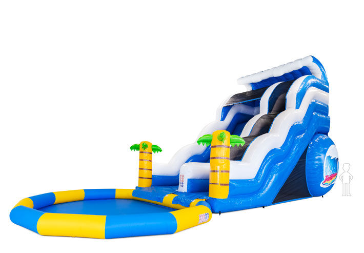 Opblaasbare waterglijbaan met waterval thema in blauw en wit kopen