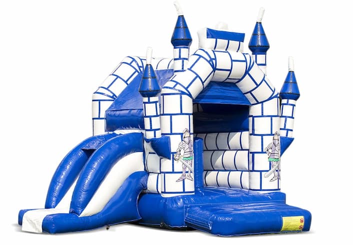 Aufblasbare hüpfburg midi multifun für kinder in einer farbkombination aus blau und weiß im schlossthema zu verkaufen. Online verfügbar bei JB-Hüpfburgen Deutschland