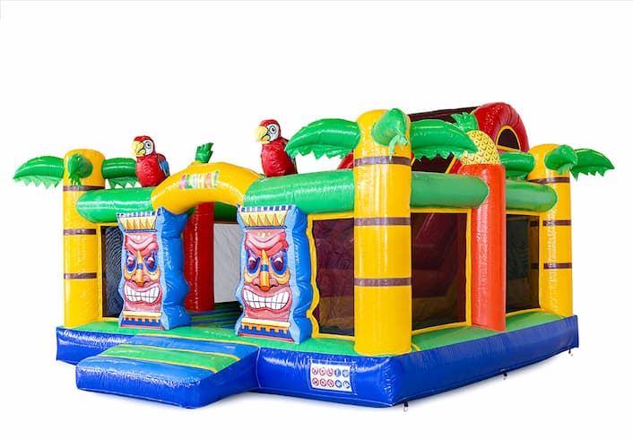 Compre un gran castillo inflable abierto multijugador con tobogán en el tema de Hawaii para niños. Ordene castillo inflables en línea en JB Hinchables España