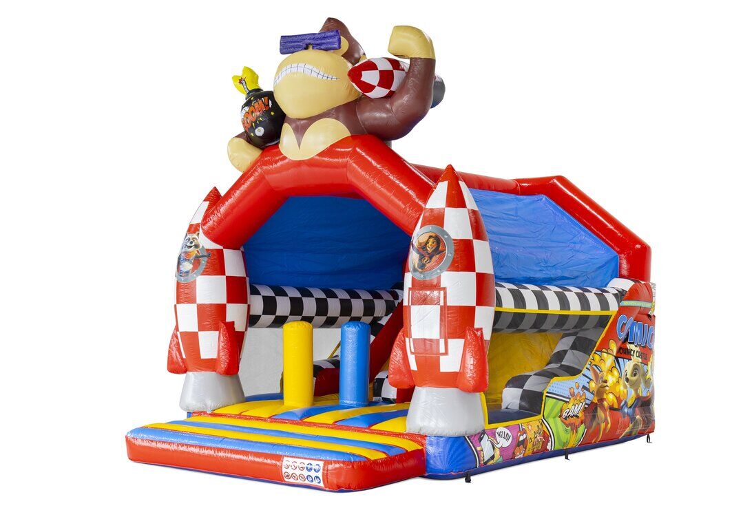 Combounce Comic bouncy castle with cartoon characters and rockets, available at JB Inflatables