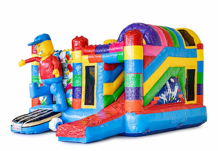 Compre castelo insuflável multijogador interior no tema superblocos lego com escorregador para crianças. Encomende castelos insufláveis ​​online na JB Insufláveis ​​Portugal