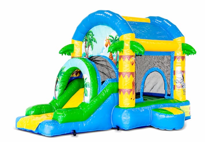 Acquista un grande castello gonfiabile per interni sul tema del divertimento nella giungla con uno scivolo per bambini. Ordina i castelli gonfiabili online su JB Gonfiabili Italia