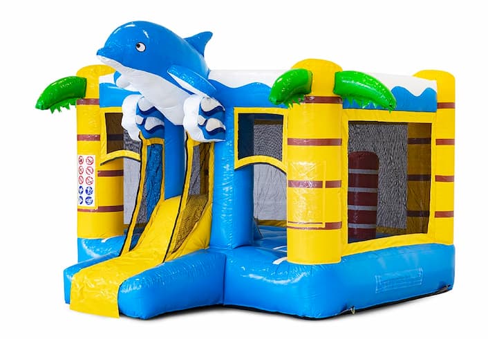 Mini multiplay springkussen met glijbaan in blauwe dolfijn thema te koop voor kinderen. Bestel online opblaasbare springkussens bij JB Inflatables Nederland