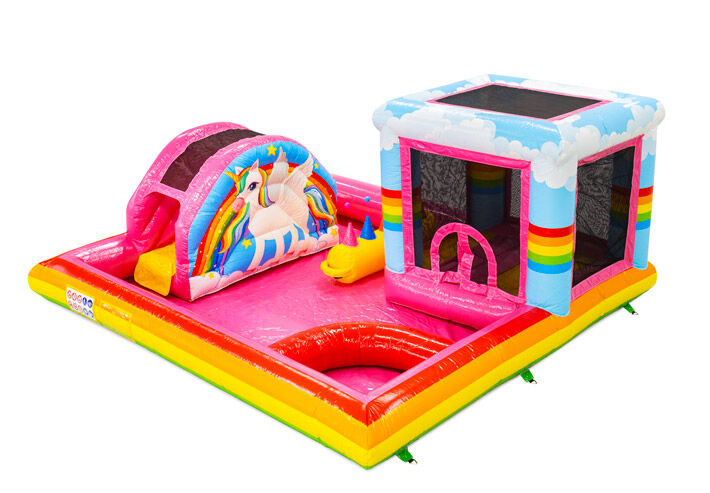 Playpark Kidspark with ball pit, kiddie pool, bouncy castle in unicorn theme.