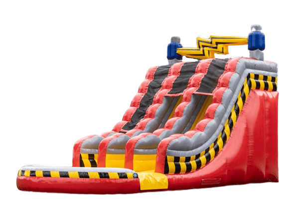 Grote opblaasbare dubbele glijbaan in high voltage thema voor kinderen te koop
