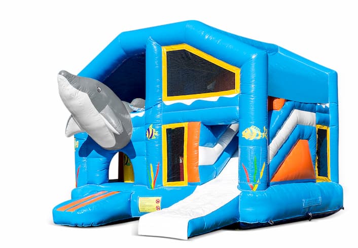 Koop middelmatig opblaasbare multiplay springkasteel in dolfijn thema met glijbaan voor kinderen. Bestel opblaasbare springkastelen online bij JB Inflatables Nederland