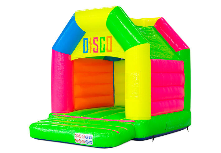 Standard Midi Disco Fluor Colors – colourful inflatable bouncy castle with a disco theme, available from JB-Inflatables.