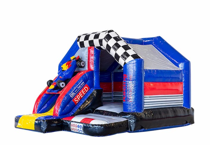 Buy a small indoor inflatable multiplay bouncy castle with slide in theme formula 1 for children. Order inflatable bouncy castles with slide at JB Inflatables UK