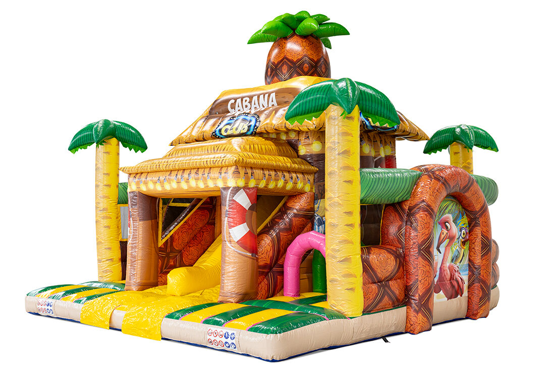 Xtreme U Obstacle Course Flamingo – tropische stormbaan met flamingo-thema, verkrijgbaar bij JB Inflatables.