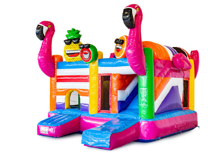 Opblaasbaar open multiplay springkasteel met glijbaan kopen in thema flamingo voor kinderen. Bestel opblaasbare springkastelen online bij JB Inflatables Nederland