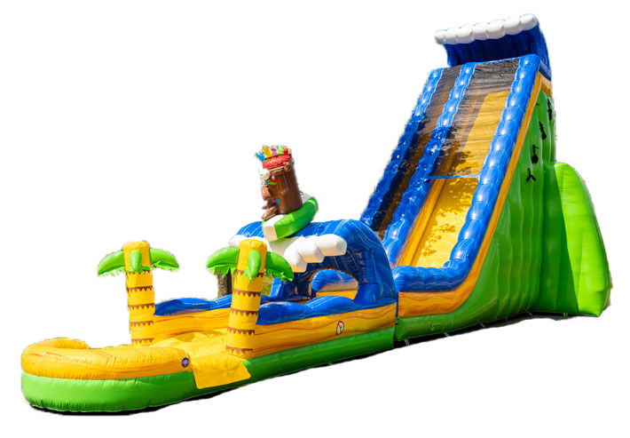 Achetez ce grand toboggan gonflable avec de l'eau sur le thème Hawaï chez JB