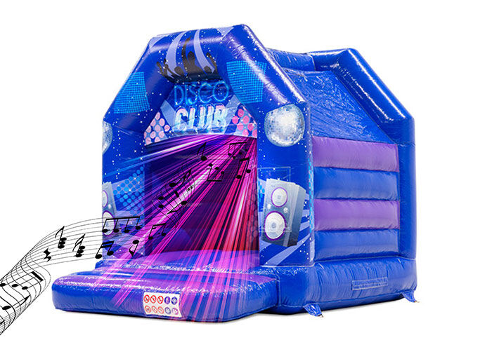 Castelo insuflável de discoteca azul roxo com notas musicais e luzes de discoteca
