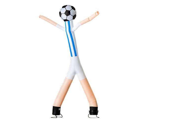 Ordene el skyman de 6 metros con 2 patas y bola 3d en azul y blanco en línea ahora en JB Inflatables. Entrega rápida para todos los skydancers inflables estándar