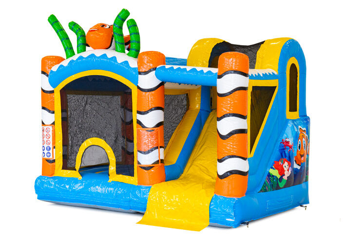 Buy bouncy castle online with slide, climbing wall and cheerful theme