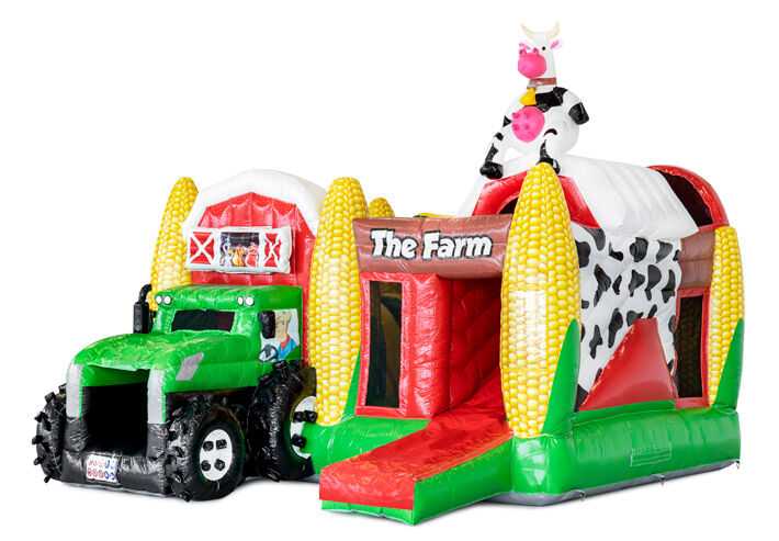 Opblaasbaar springkasteel met glijbaan in boerderij thema met glijbaan in vorm van tractor te koop 
