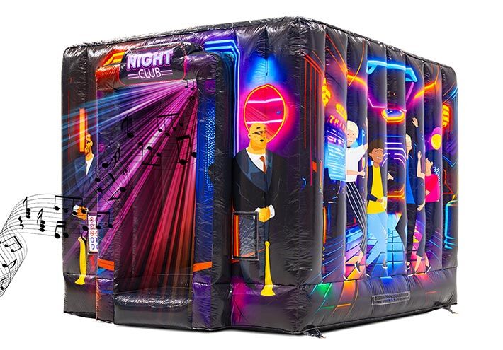 Square disco bounce house with illustrations with music notes and disco light