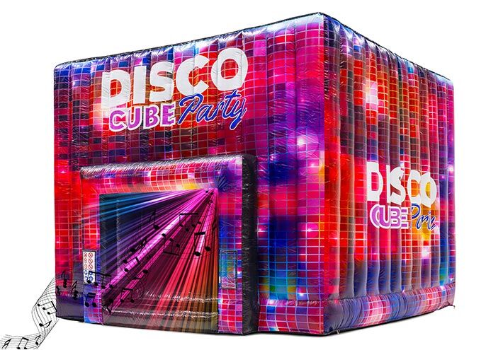 Castelo insuflável quadrado disco com notas musicais e luzes de discoteca