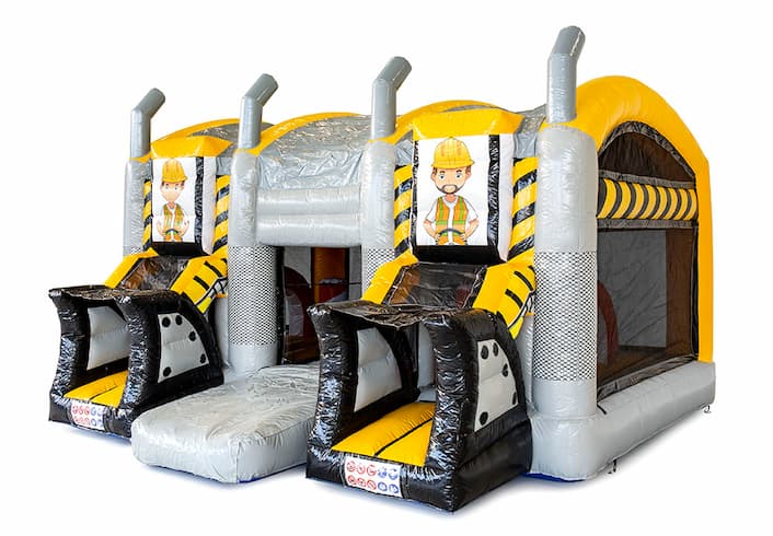 Kup duży kryty dmuchany dmuchany zamek XXL w kolorze żółtym i czarnym ze zjeżdżalnią w motywie heavy duty dla dzieci. Zamów dmuchane zamki online w JB Dmuchańce Polska