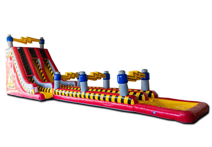 Opblaasbare grote glijbaan in combinatie met water in high voltage thema te koop